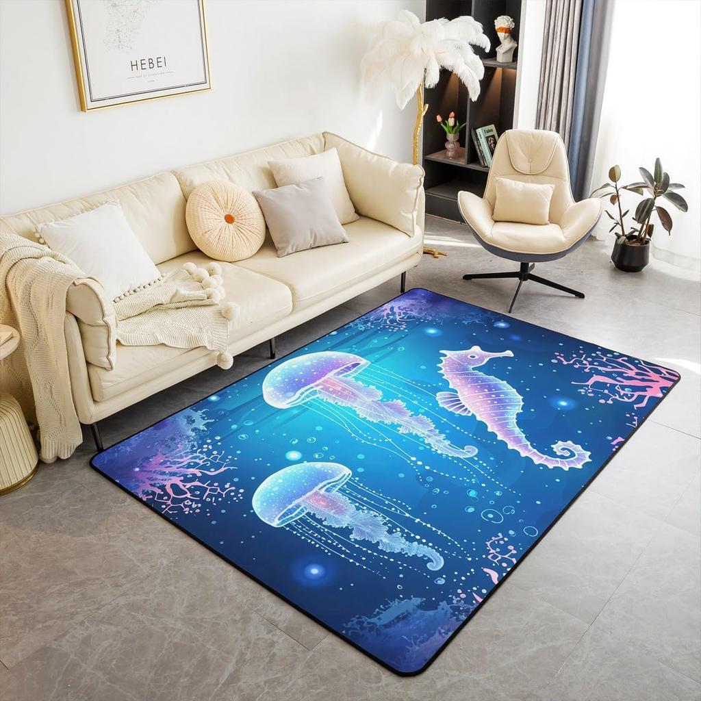 Jellyfish Marine Life Area Rug Dreamy Ocean Animal Non Slip Carpet for Kids Adults Fantasy Moon Clouds Starry Sky Decorative Rug