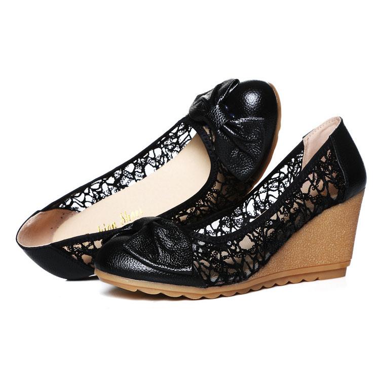  Leather Women Wedges Shoes Round Toe Slip On Ladies Pumps Party Breathable Comfortable Work Shoes