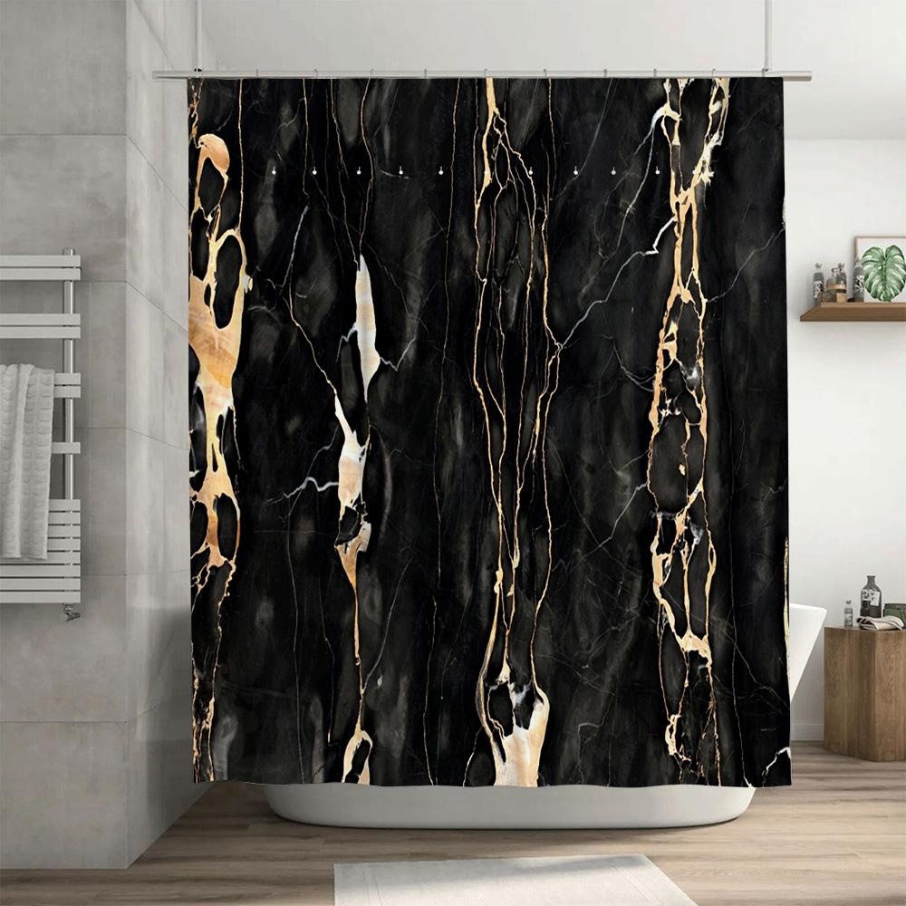 Black Marble Shower Curtain with Golden Veins Decorative Waterproof Bath Mat for Home Bathroom Size Customizable