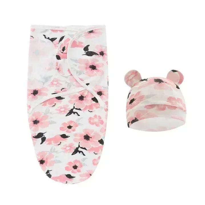 Set Coperta e Cappellino per Neonato Stampa Cartoni Animati Cotone Fasciatoio Neonato Fasciatoio Regolabile per Dormire Neonato Tutte le Stagioni 0-6 Mesi