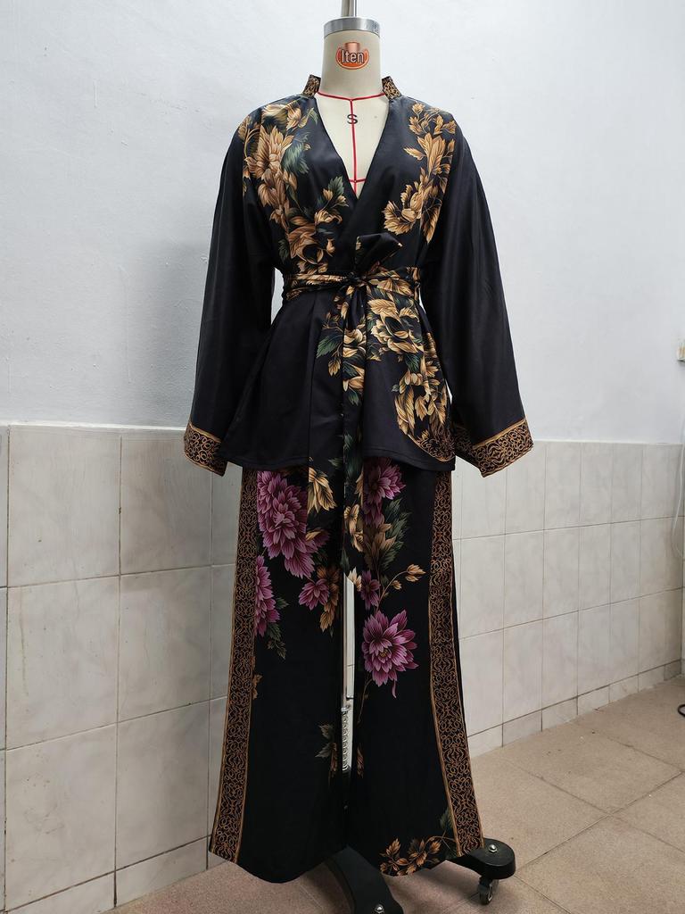 Spring/Summer 2026 Retro Print Deep V Tie-up Top & Wide-leg Pants Two-piece Set for Women