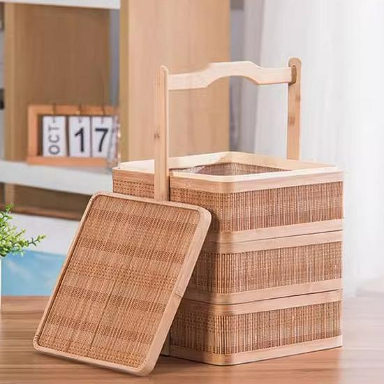 Antique-Style 2-Tier Bamboo Snack Basket with Handle