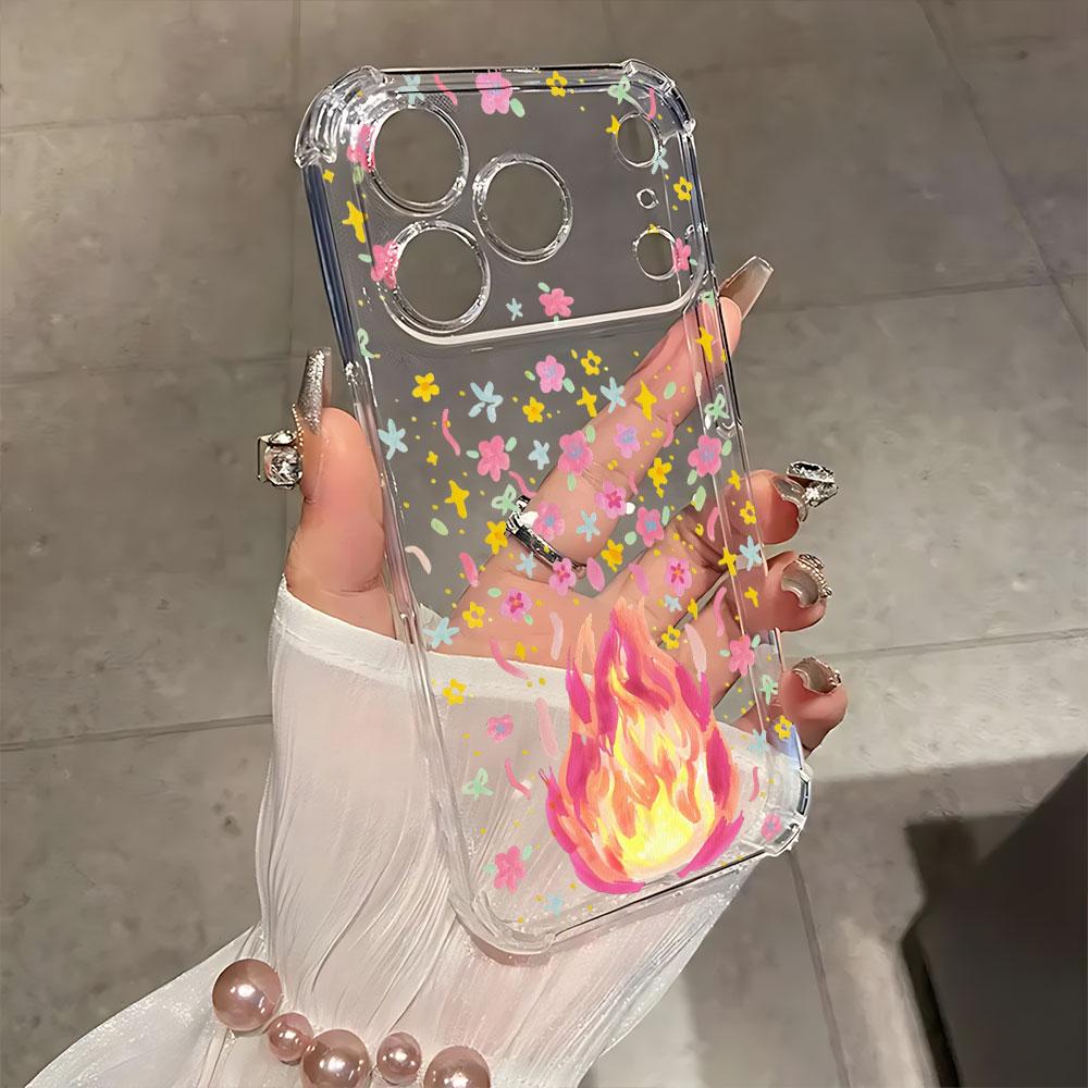 Shockproof Transparent Phone Case For iPhone 17 Air 16 15 14 13 12 11 Pro Max Plus Mini Sketch Small Flame Painted Cases Cover