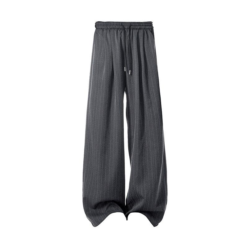 Men's Gray Pinstripe Wide Leg Pants Elastic Waist Drawstring Baggy Trousers
