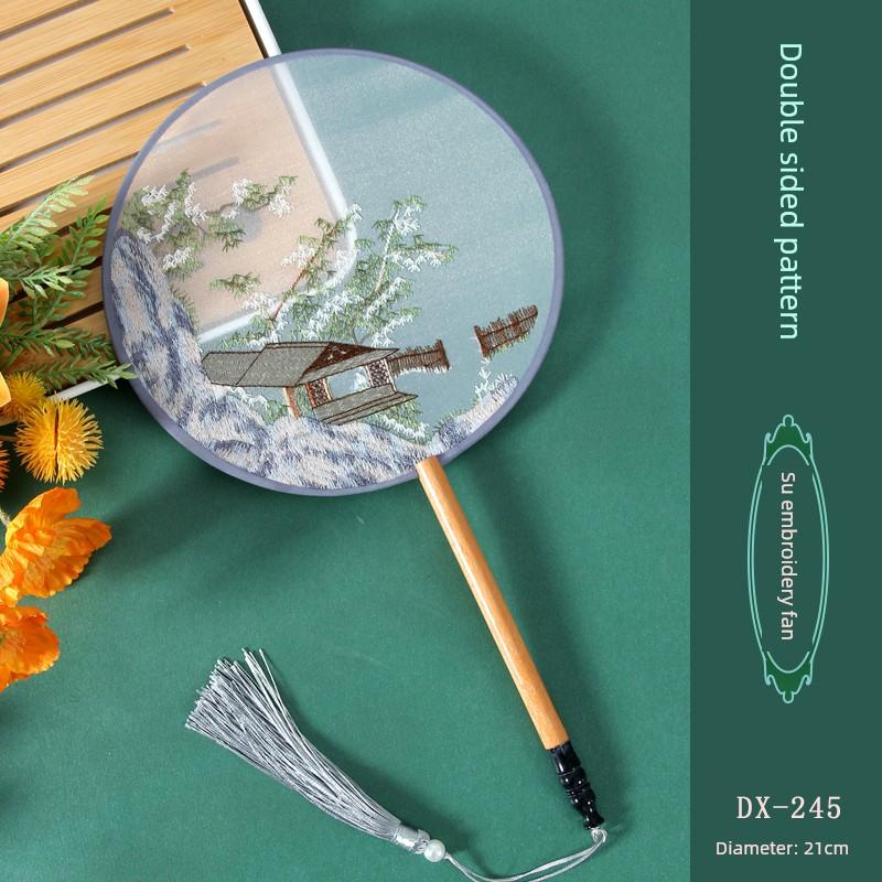 Antique Embroidery Circular Fan Chinese Style Cheongsam Fan Women's Double-Sided Embroidered Transparent round Long Handle Ancient Chinese Clothing