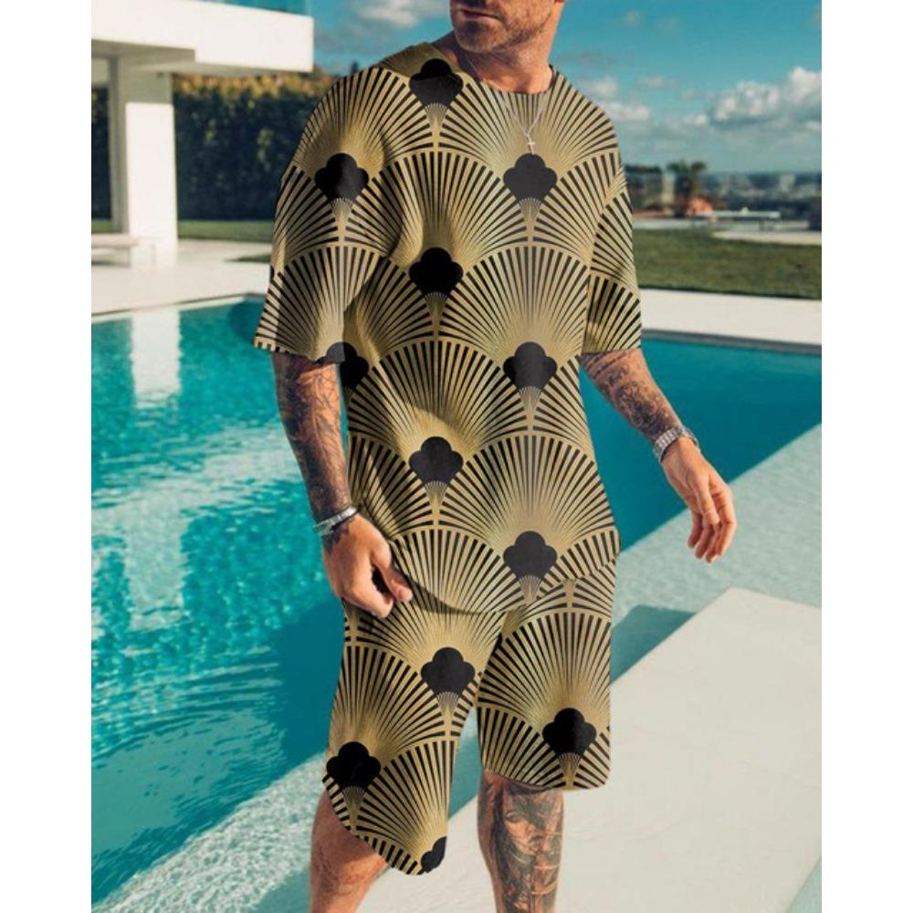Summer Men's O-Neck Short Suit Sleeve coatGeometric Pattern Print 3D Sportswear Casual Oversized Top Shorts Breathable Sportswea