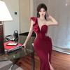 Sexy one-shoulder dress long dress women's summer ruffle edge temperament socialite high split evening dress dress high sense women