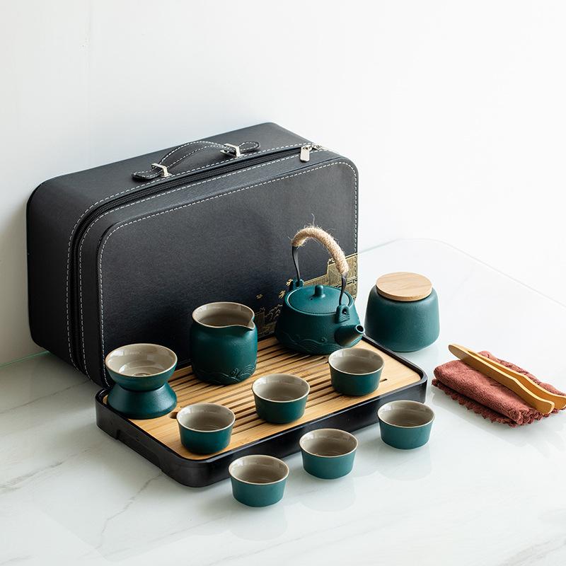 Japanese travel kung fu tea set small set household simple teapot ceramic teacup outdoor tea tray portable bag
