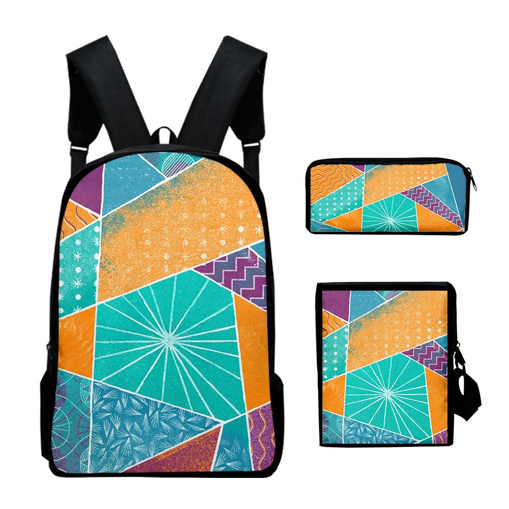 Classic Novelty Creative color blocking 3D Print 3pcs/Set School Bags Laptop Daypack Backpack Inclined shoulder bag Pencil Case