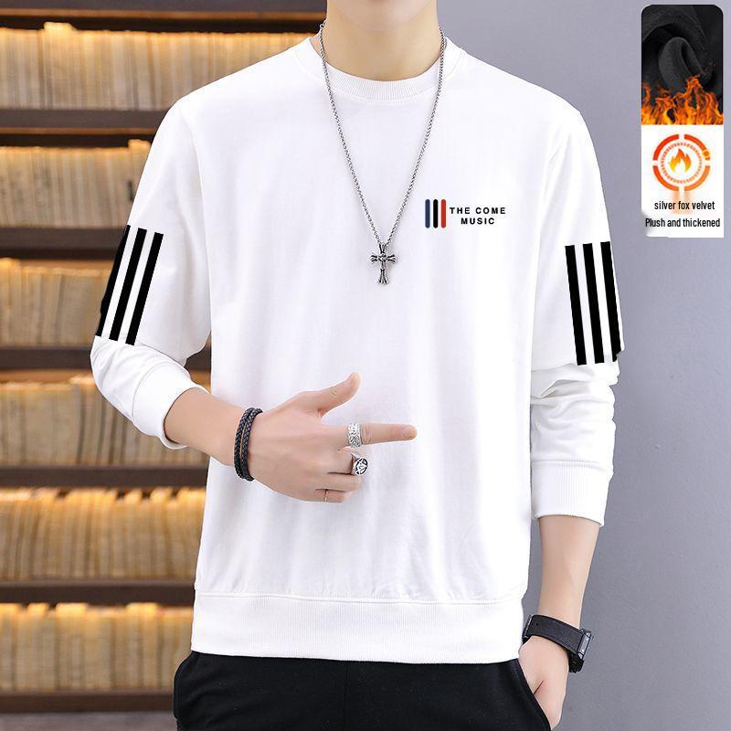 Men's Round Neck Printed Hoodie - Autumn/Winter Loose Fit, Velvet Lined, Long Sleeve Pullover for Casual Versatile Wear.