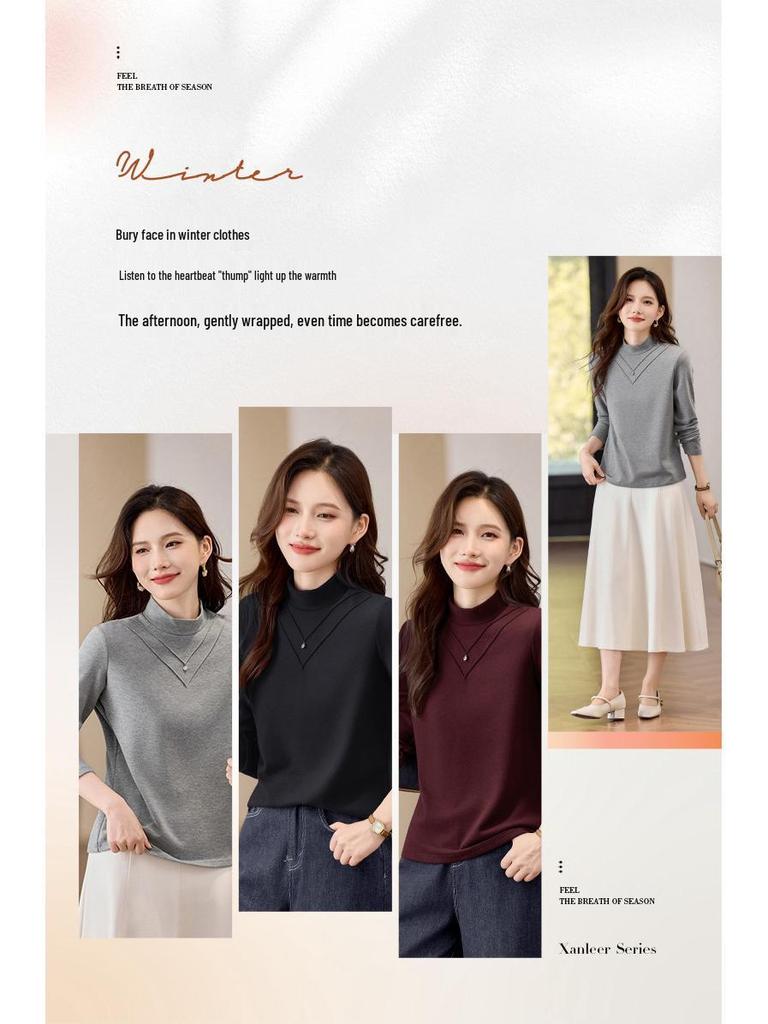 2025 Women's Velvet Half-High Neck Long-Sleeve Slimming Base Layer Top for Autumn/Winter