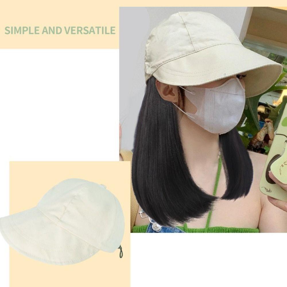 Bucket Hat Fisherman Hat with Wig Wide Brim Short Straight Hair Simple Women Sun Cap Wig  Travel