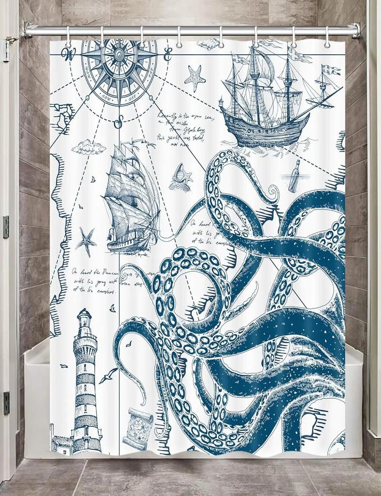 Octopus Decoration Bathroom Shower Curtain, Funny White Sea Monster Fabric Shower Curtain, Bathroom Decoration Accessories