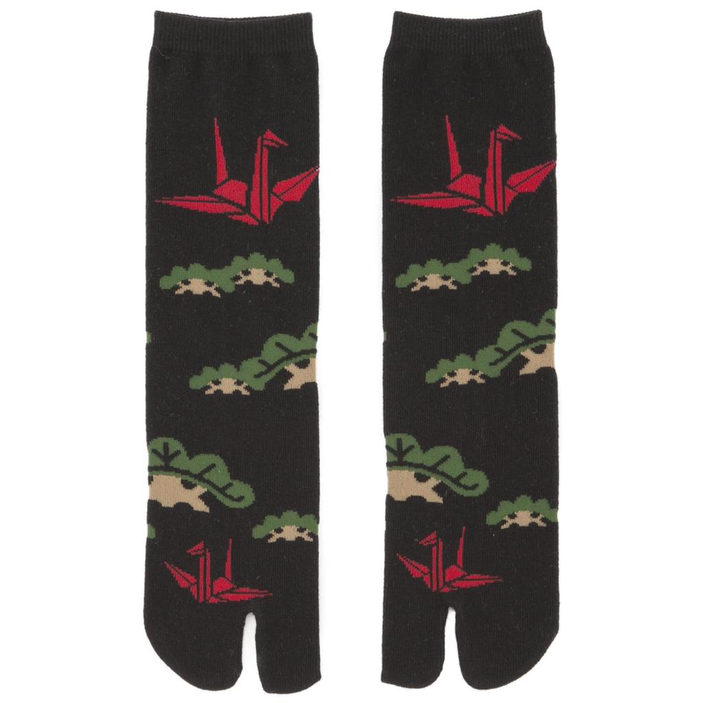Noren Tabi Socks for Men and Women and Pine Tabi Socks for One Size Fits Made In Japan with Nara Crew Japanese Pattern (Japanorama/Crane Black)