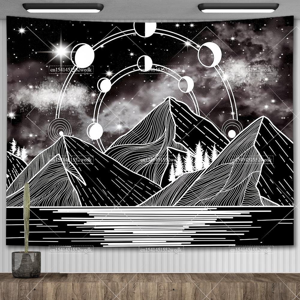 Boho Mountain Tapestry Landscape Tapestry Moon Starry Night Wall Hanging Tapestry Aesthetic Room Decor Backdrops Yoga Meditation