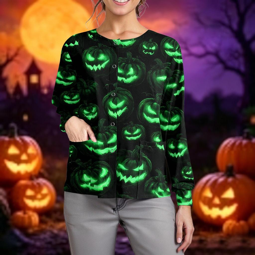 Women Casual Long Sleeve Button Up Cardigan Halloween Ghost Print Lightweight Knit Sweater Top for Caregivers and Everyday Wear