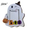 Family Photo Display Frame Halloween Cute Ghost Wooden with Hanging Rope, Creative Handcrafted Wood Holder Picture for Holiday Party Decor And