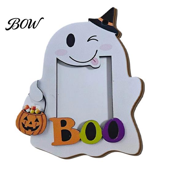 Family Photo Display Frame Halloween Cute Ghost Wooden with Hanging Rope, Creative Handcrafted Wood Holder Picture for Holiday Party Decor And
