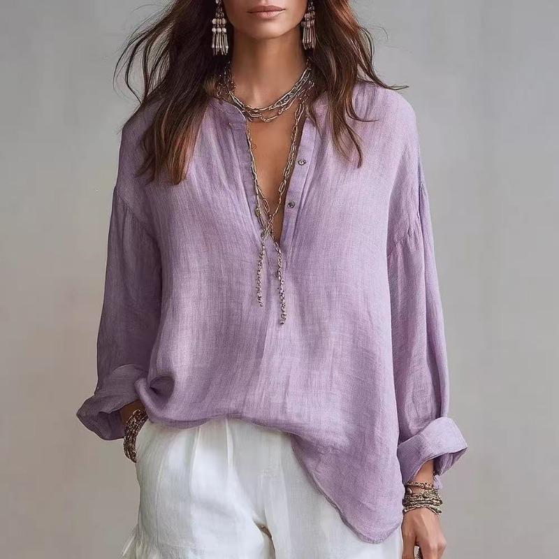 Women S Minimalist Style Cotton Linen Long Sleeve V Neck Shirt