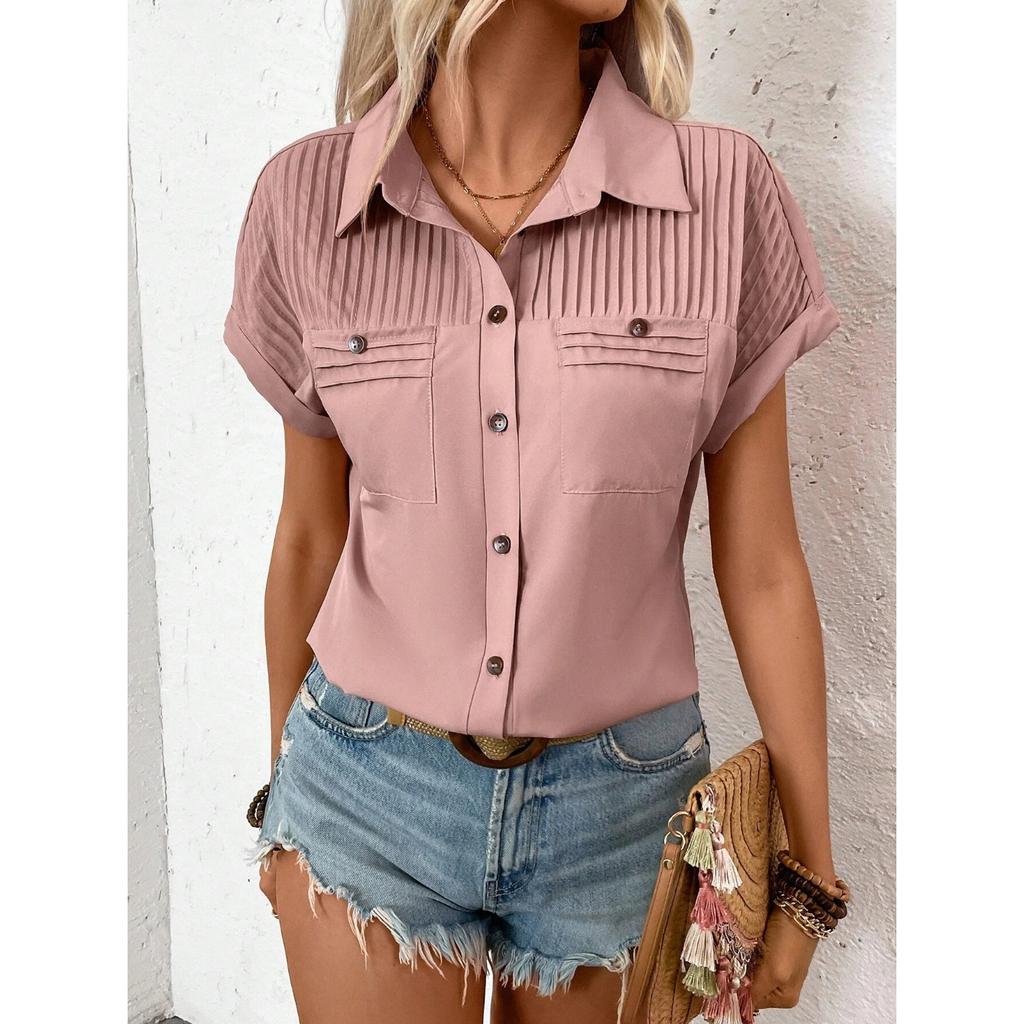 GMXIA Pure Color with Buckle Lapel Shoulder Pleated Pocket Insert Shoulder Short Sleeve Top Inch T-shirt Woman