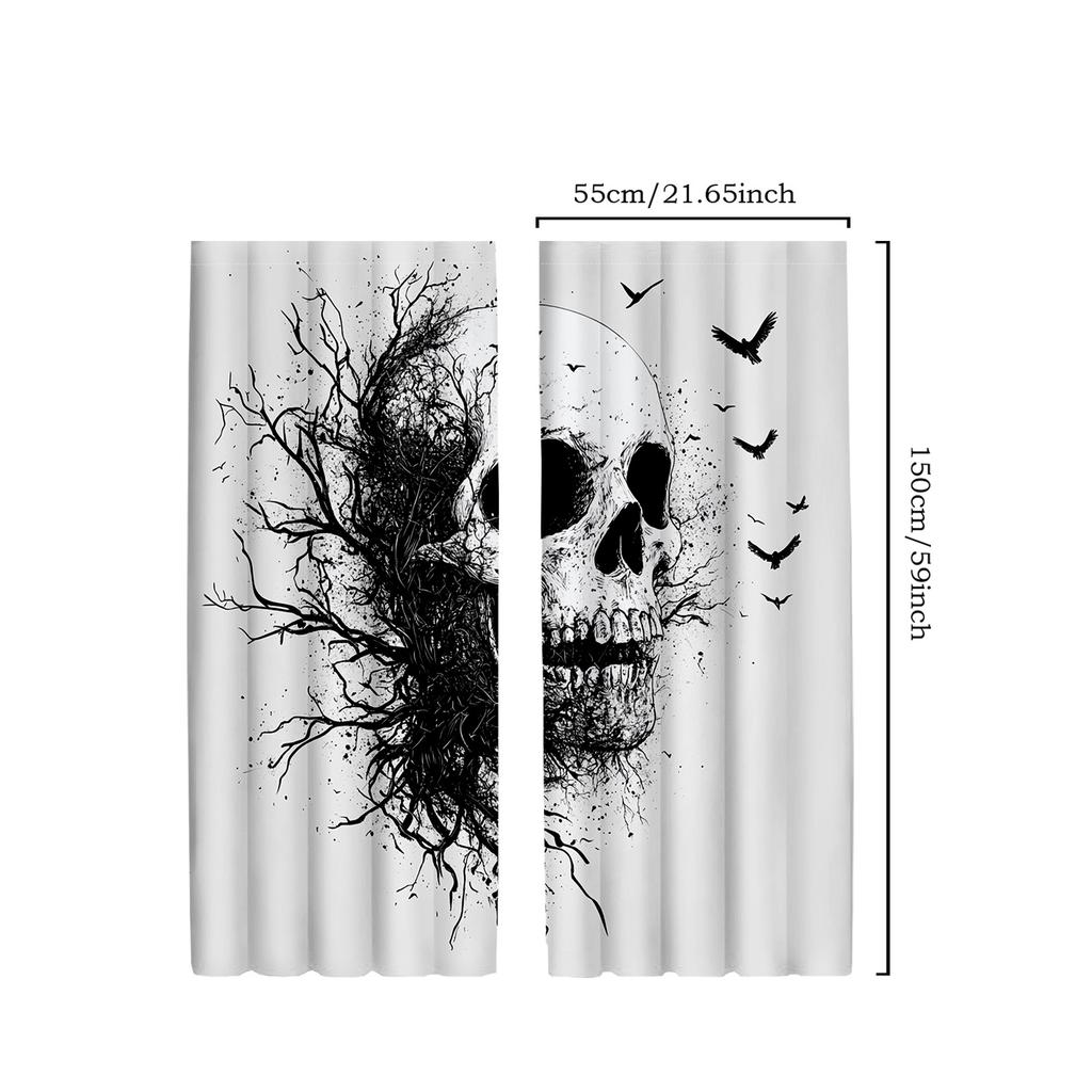 2pcs Classic Gothic Skull and Branches Black and White Polyester Decorative Curtains   Scary Art Design for Home Decor