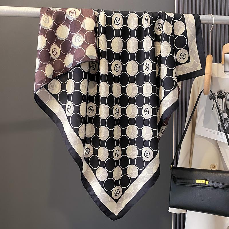 Korean Version of Polka Dot Camellia Big Square Scarf New Spring and Autumn Summer Scarf Scalp Sunscreen Shawl Double-sided Printing for Women