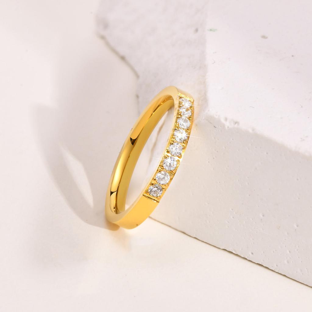 Vnox 3mm Slim Women Rings, Gold Color Stainless Steel Finger Band with AAA CZ Stone Row, Bling Lady Girls Elegant Jewelry