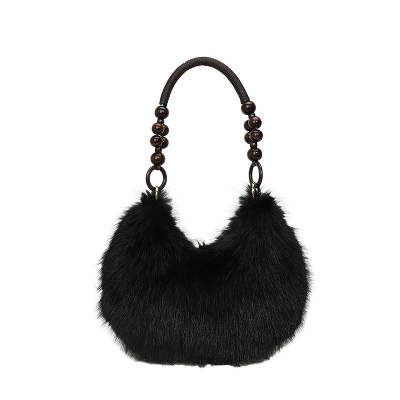 

Трендова плюшева сумочка з дерев яними намистинами на осінь/зиму 2025 - Модна хутряна сумка через плече для жінок, в японському та корейському стилі