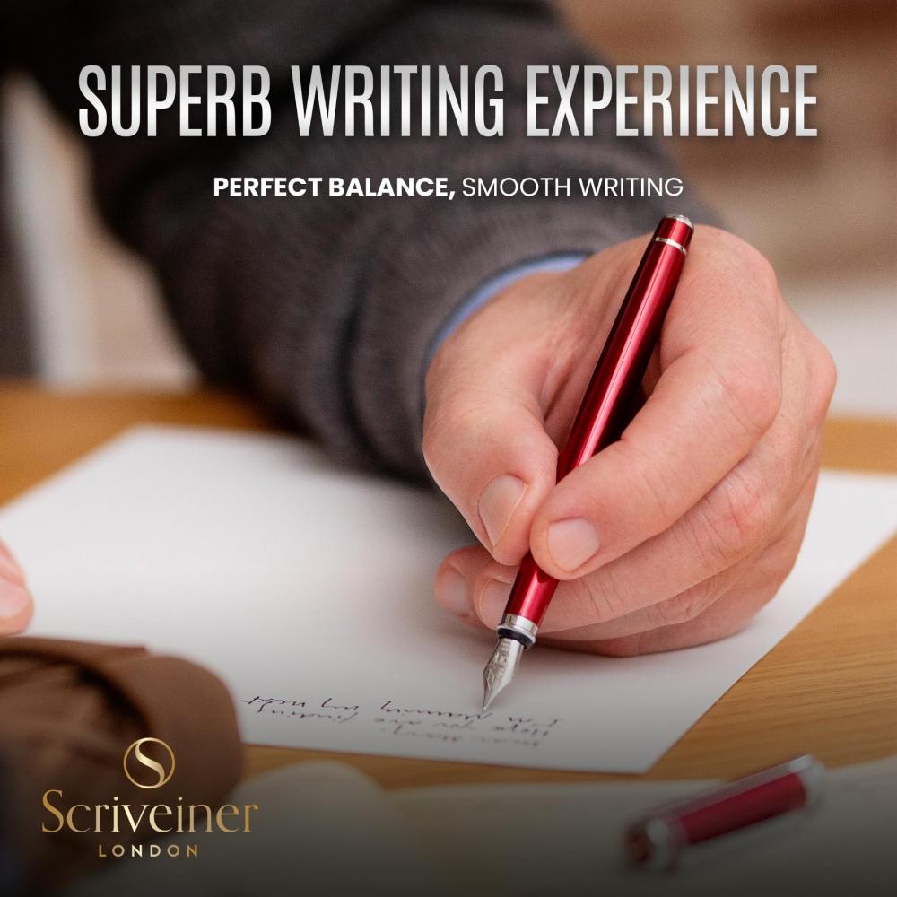 Scriveiner Deep Crimson Red Fountain Pen - Stunning Luxury Pen with Chrome Finish, Schmidt Nib (Medium), Best Pen Gift Set for Men & Women, Profession