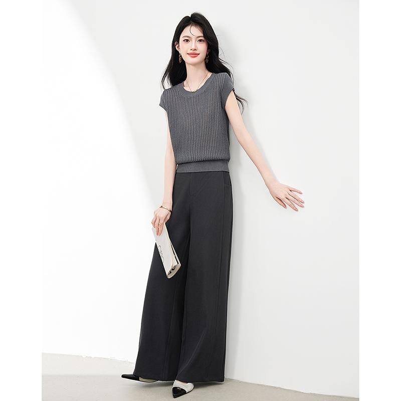 Round neck sleeveless knitted top and wide leg pants two-piece set