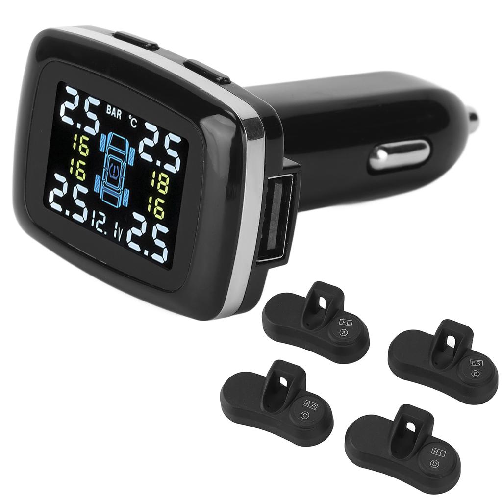 Smart TPMS Cigarette Lighter Tire Pressure Monitoring Alarm System with 4 Internal Sensors