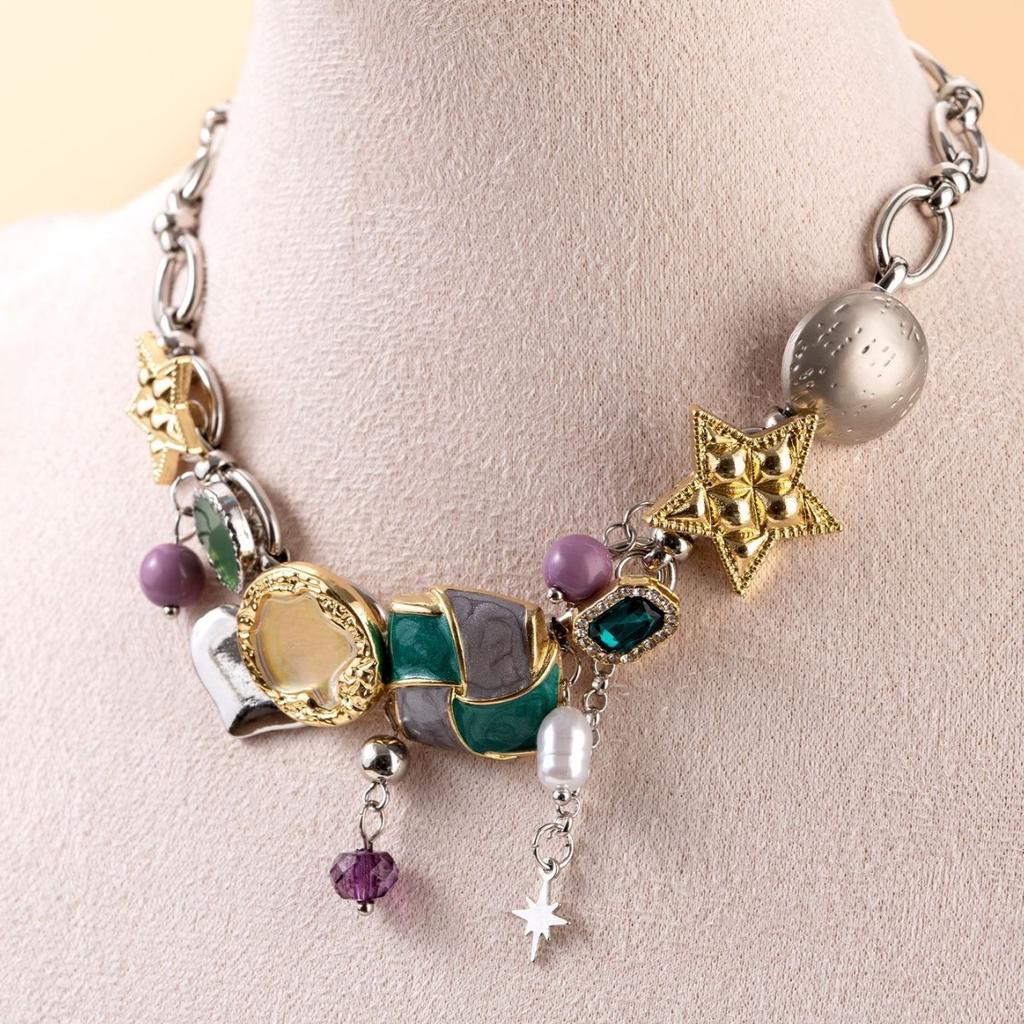 Punk Sweet Cool Wind Metal Heavy Industry Enamel Color Pentagram Multi-pendant Collarbone Chain Necklace