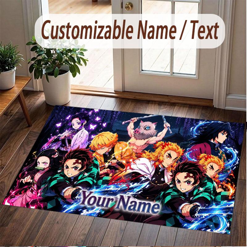 Custom Name Crystal Velvet Rug,Demon Slayer Comfortable Anti Slip Floor Mat For Room Decoration
