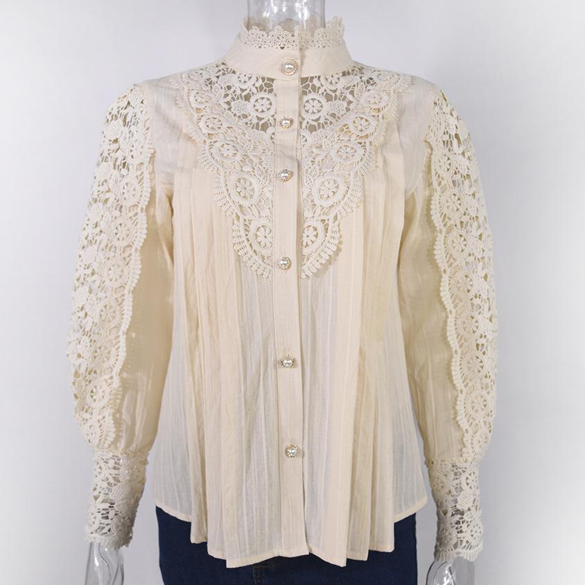 Lace Hollow Out Hook Flower Blouse Women Cotton Shirts Button White Black Top Long Sleeve Stand Collar Elegant Shirt