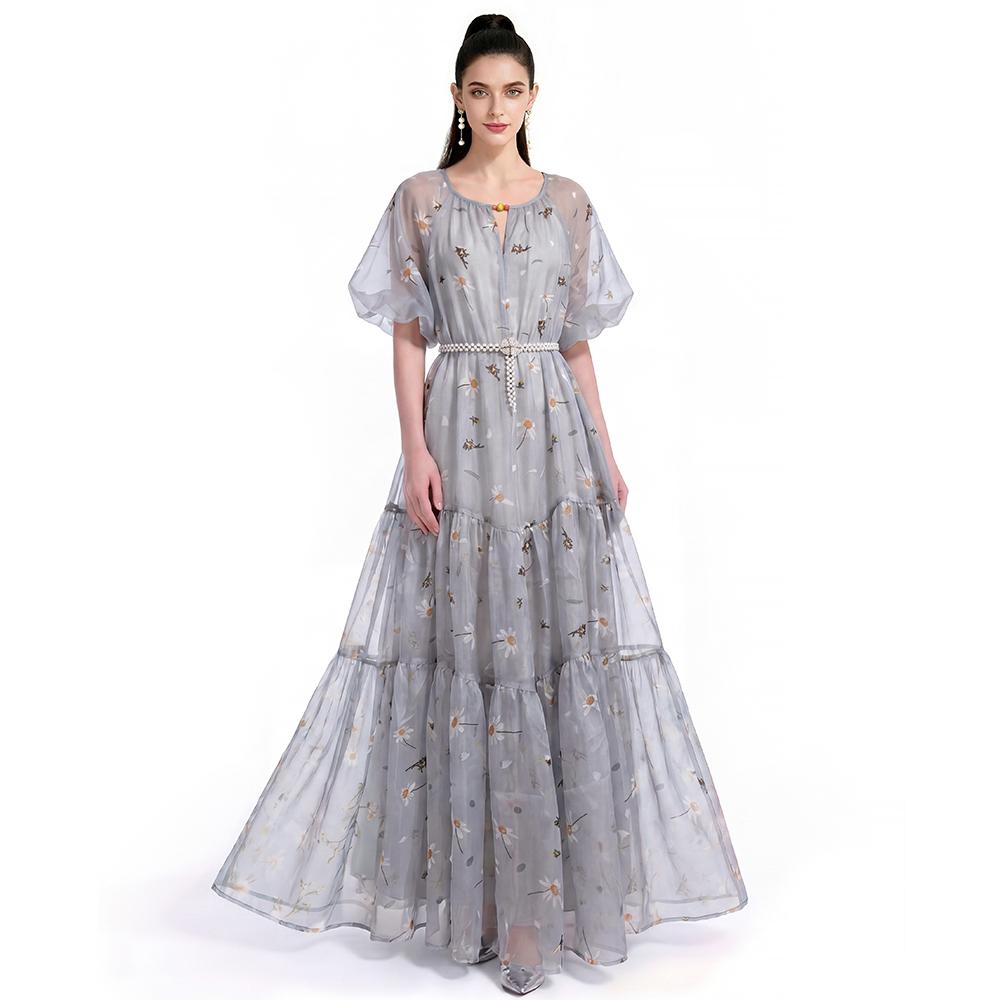 Summer Holiday Vacation Flower Print Long Maxi Dress Bohemian O-neck Short Sleeve High Waisted Chiffon Party Dresses Casual Robe