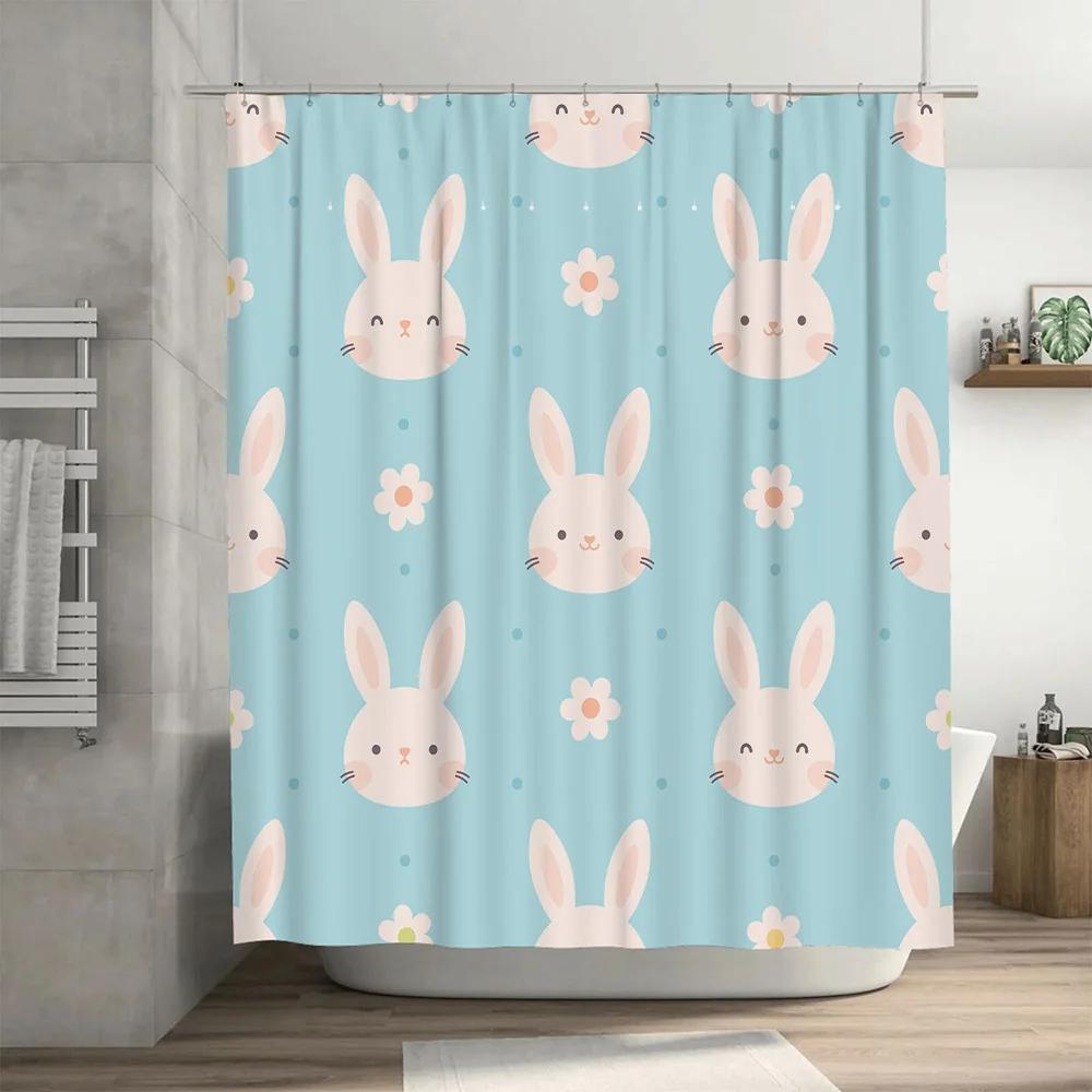 Cute Rabbit Print Shower Curtain Bath Decor Blue Fabric Home Decoration 60x72 Inches (152cm X 183cm)   White Flowers   Set Of On