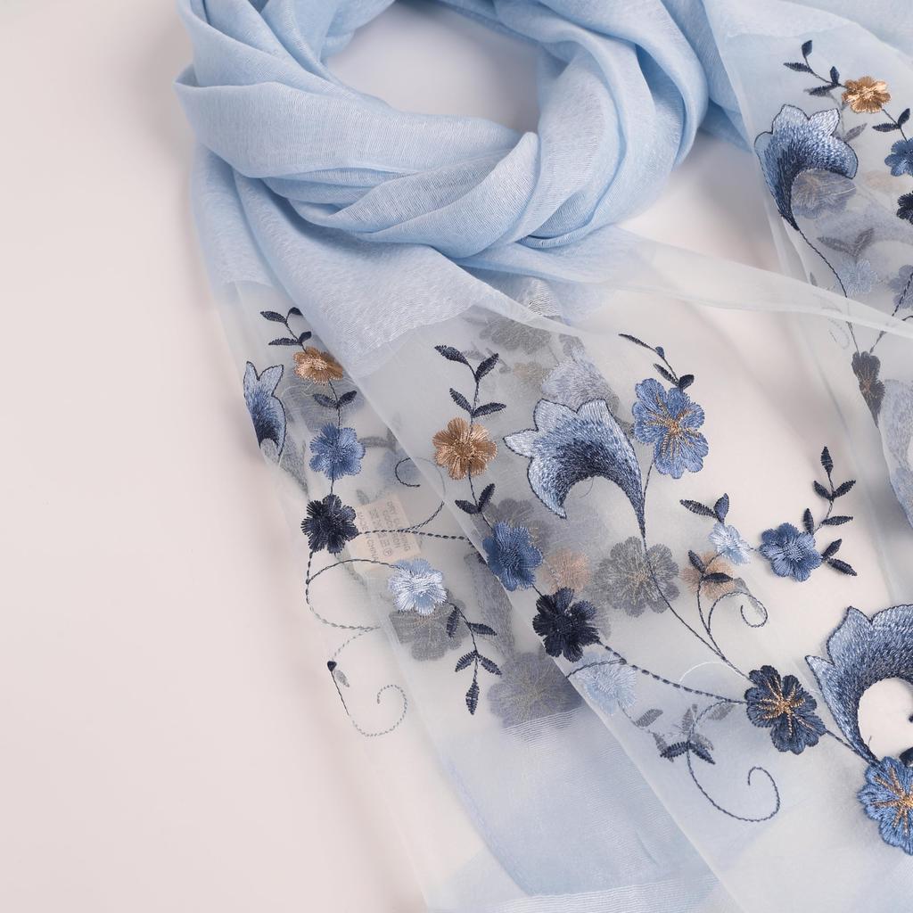 BRMM MIA Large Floral Embroidered Elegant and Perfect for Beach and Sun Protection Ultra-Thin Stole, Scarf, Muffler, Shawl, Silk, Women's,