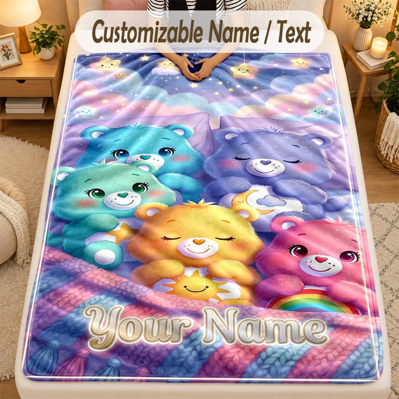Flannel BlanketCare Bears Custom Name Text Personalized Soft Warm Throw Blanket Home Decor Gift