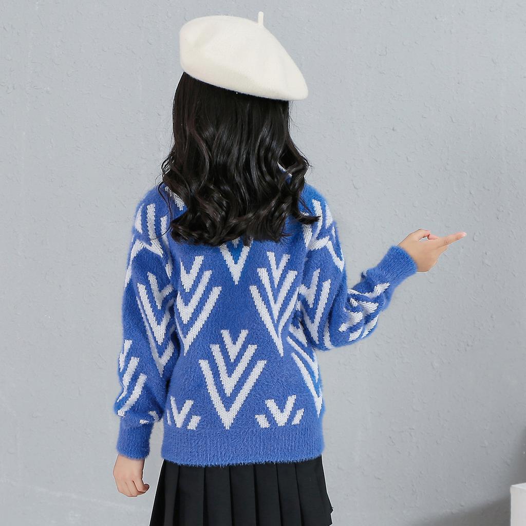Girls' jacquard mink fur pullover sweater