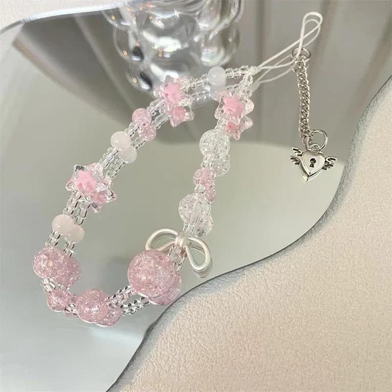 Sweet Ins Aesthetic Star Bow Mobile Phone Lanyard Pendant Fashion Pink Decor Ornament CCD Camera Accessories