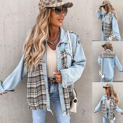 Autumn and Winter New Women's Denim Stitching Plaid Jacket Loose Top