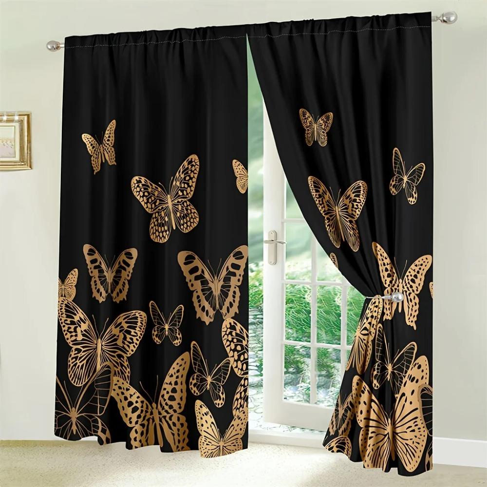 2pcs Black Golden Butterfly Printed Curtains, Modern Art Vintage Fluttering Butterflies Shading Curtains For Bedroom Living Room