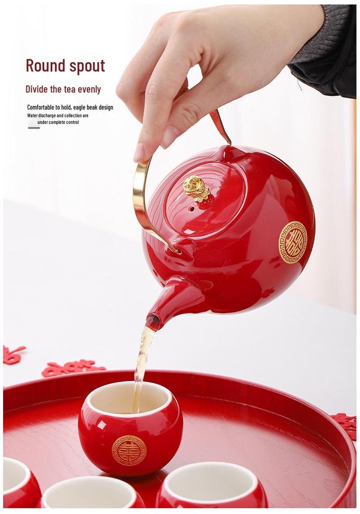 Red Ceramic Wedding Teapot & Water Cup Set - Festive Large-Handled Pot for Banquet and Dowry