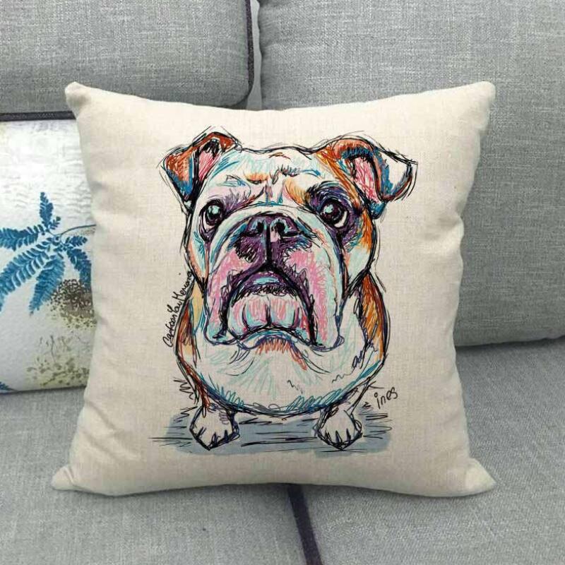Housse de coussin en lin Motifs Bouledogues Carlins Style Chien Bull Terrier Décoration de Maison Salon Canapé Coussins d'appoint Housse 45X45cm