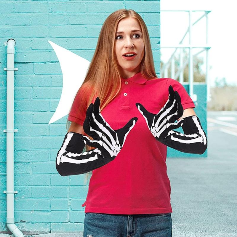 Halloween Skeleton Gloves Short Long Full Finger Bone Print Mittens Dress Party Costume Accessories for Women Men