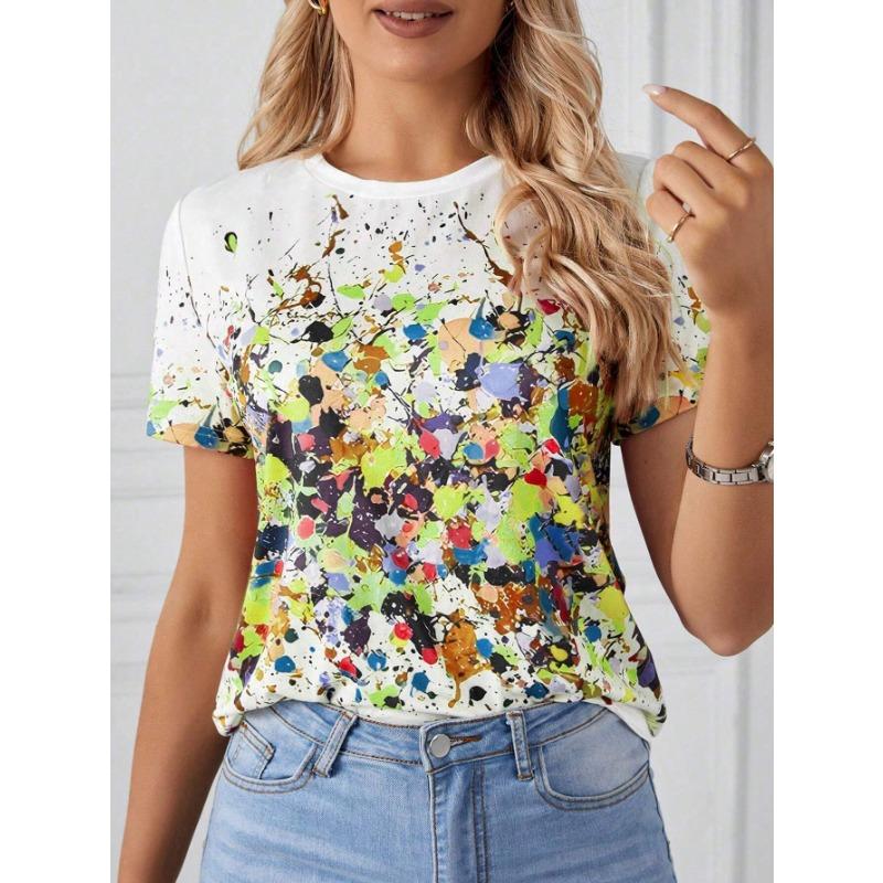 Summer Round Neck 3D Colorful Paint Splatter Print T-shirts Fashionable Casual Short Sleeved Women's T-shirts