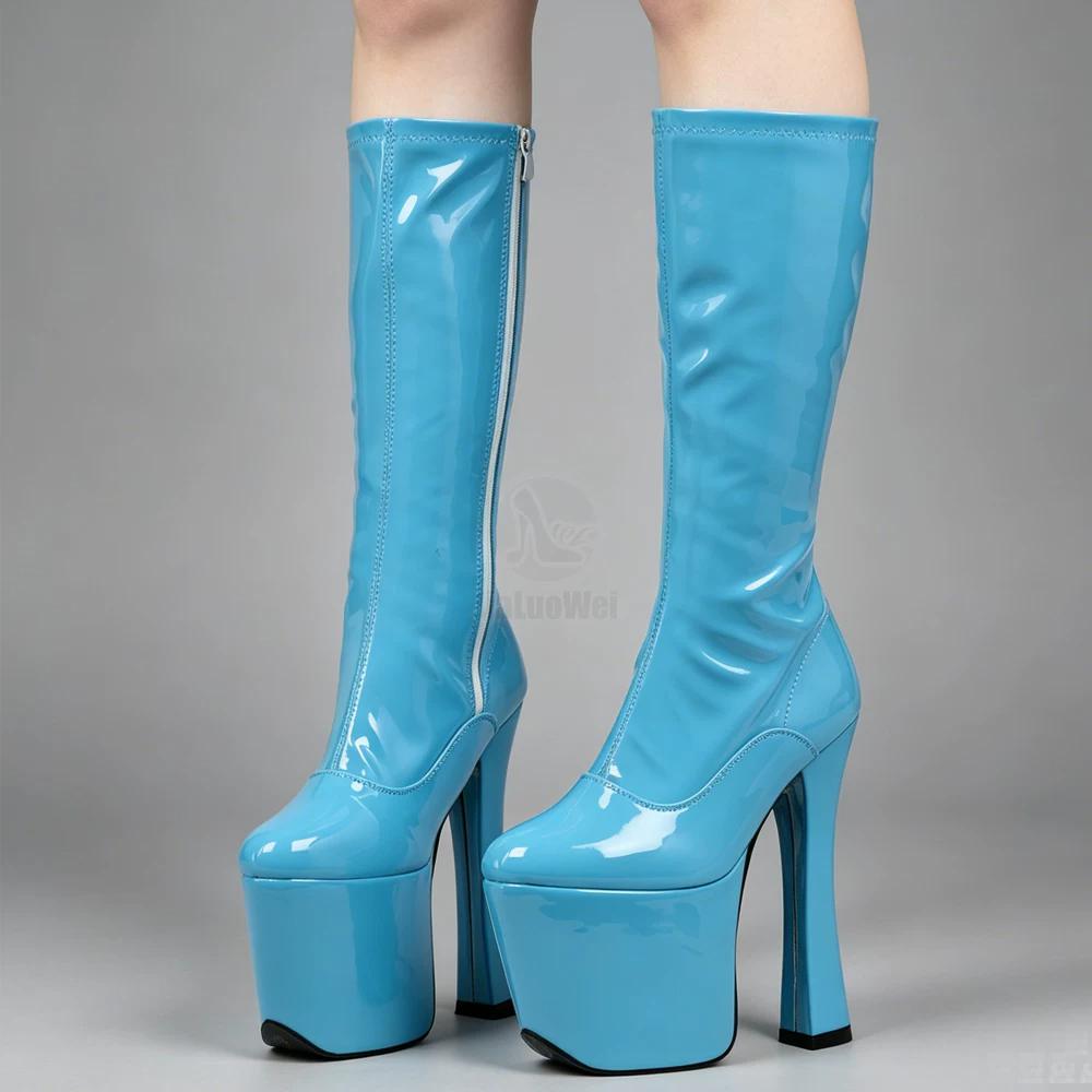 20cm Extreme High Heel Boots Thick Chunky Heels Platform Women Zipper Knee-High Long Boots -Exotic,Fetish,Sexy,Shoes