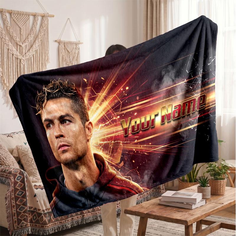 Coperta Personalizzata in Pile Cristiano Ronaldo con Logo Calcio, Testo Nome Personalizzato Morbida Calda Coperta da Divano per la Casa