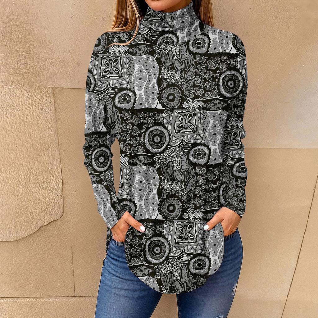 Tee Shirts For Women Fall Casual Long Sleeve Shirts Sweatshirt Vintage Printed High Neck Top Pullover