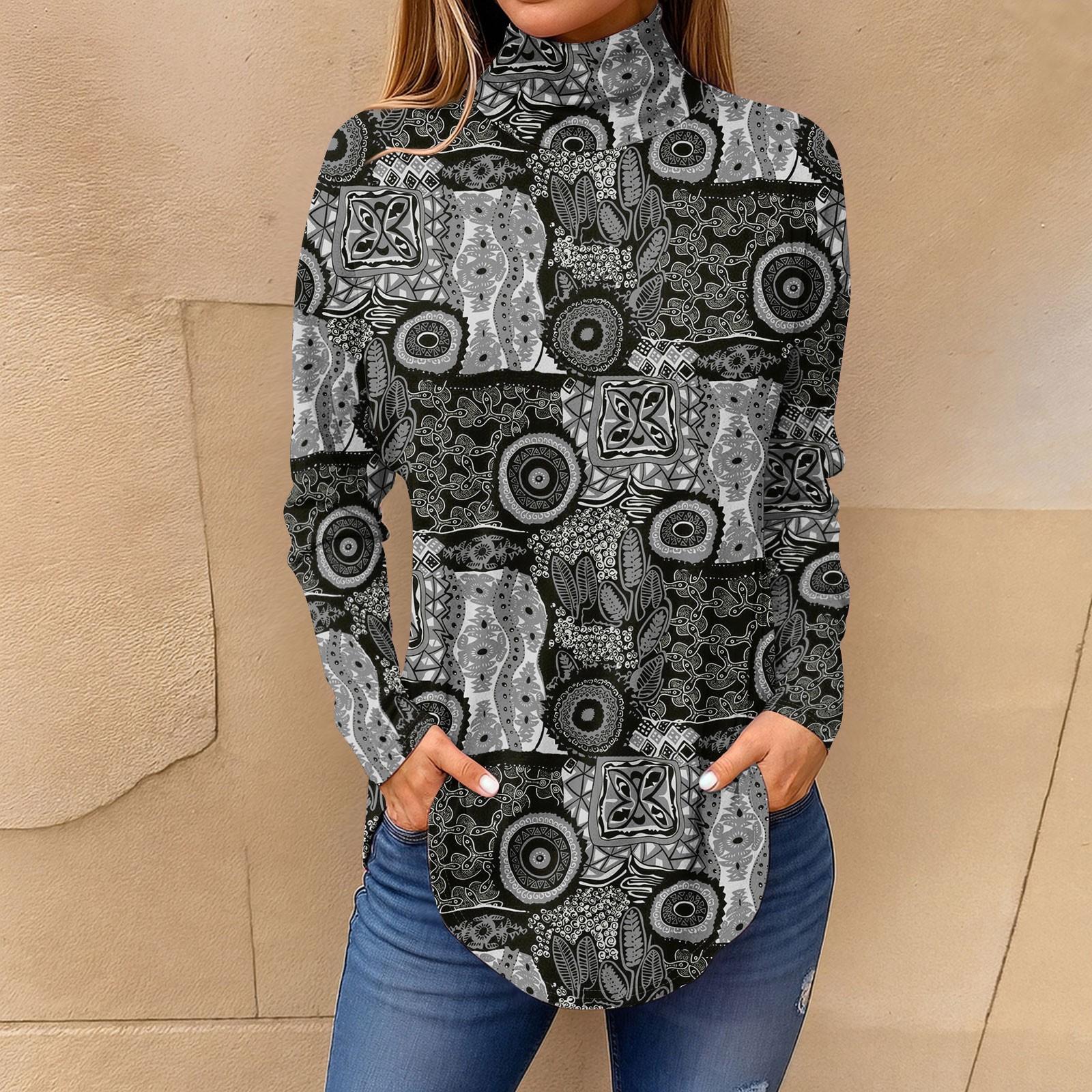 

Футболки для женщин, осенние повседневные рубашки с длинными рукавами, толстовка с винтажным принтом, топ с высоким воротом, пуловер L